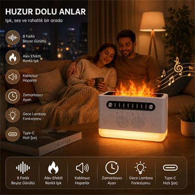PDPG-FS301 Alev Efektli Aroma Difüzörü ve Kablosuz Hoparlör 7 Renk LED Gece Lambası Şarj Edilebilir Çok Fonksiyonlu Speaker Hava Nemlendirici