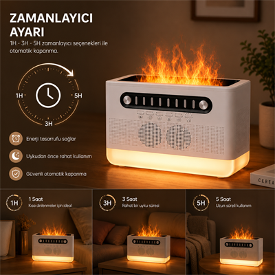 PDPG-FS301 Alev Efektli Aroma Difüzörü ve Kablosuz Hoparlör 7 Renk LED Gece Lambası Şarj Edilebilir Çok Fonksiyonlu Speaker Hava Nemlendirici