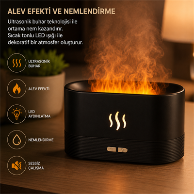 PDPG-SL169 Alev Efektli Ultrasonik Aroma Difüzörü ve Hava Nemlendirici LED Aydınlatmalı Su Hazneli Type C Masaüstü Buhar Makinesi