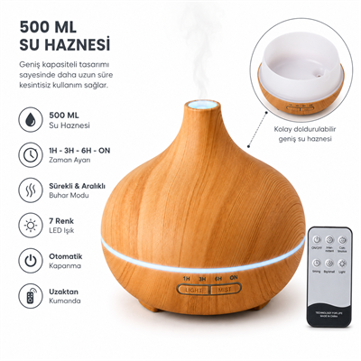 PDPG-SL400 500 ML Ultrasonik Aroma Difüzörü ve Hava Nemlendirici 7 Renk LED Işıklı Uzaktan Kumandalı Zaman Ayarlı Ahşap Görünümlü Aromaterapi Cihazı