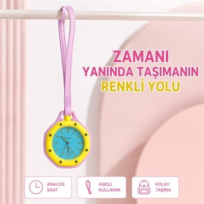 Pembe D-SPORT Askılı Analog Cep Saati Renkli Tasarım Uzun Kayışlı Taşınabilir Çanta Charm Askılı Kemer Anahtarlık Aksesuar Saati