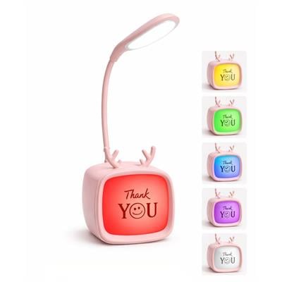 Pembe LD8804 Masa Lambası Şarjlı 3 Modlu 8 Led Işıklı Tv Tasarımlı Beyaz Işıklı Esnek Oynar Kollu Gece Lambası Thank You Yazılı 360 Derece Oynar 