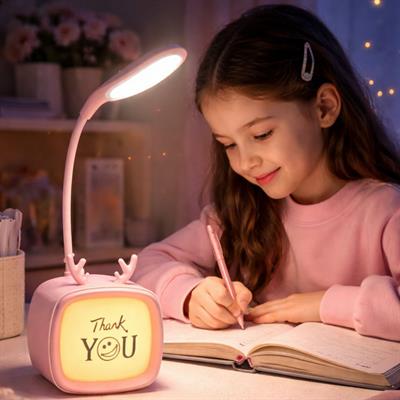 Pembe LD8804 Masa Lambası Şarjlı 3 Modlu 8 Led Işıklı Tv Tasarımlı Beyaz Işıklı Esnek Oynar Kollu Gece Lambası Thank You Yazılı 360 Derece Oynar 