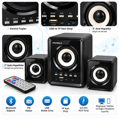 PG-202BT 2+1 Bluetooth Multimedia Bilgisayar Hoparlörü USB TF Kart FM Radyo Uzaktan Kumandalı 11W RMS Ses Sistemi