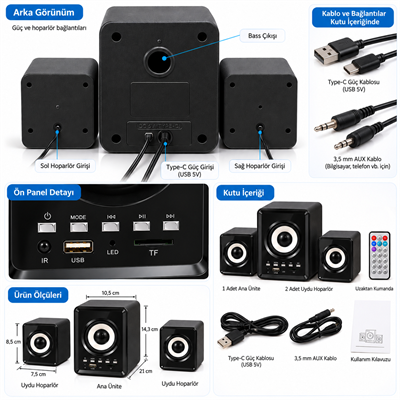 PG-202BT 2+1 Bluetooth Multimedia Bilgisayar Hoparlörü USB TF Kart FM Radyo Uzaktan Kumandalı 11W RMS Ses Sistemi