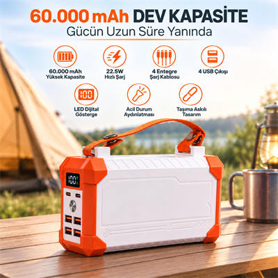 PG-PW860 60000 mAh Powerbank 22.5W Hızlı Şarj 4 Entegre Kablolu LED Dijital Göstergeli 4 USB Çıkışlı Taşınabilir Güç Bankası