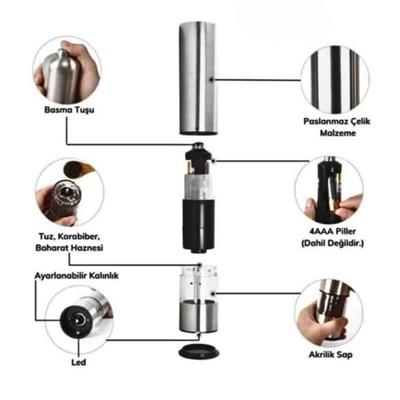 Pilli Işıklı Baharat Öğütücü Değirmen Tuz Karabiber Öğütücü Baharatlık