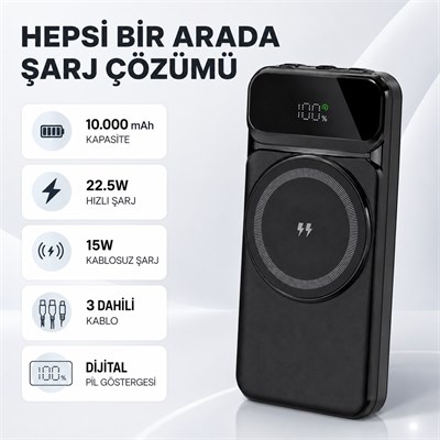 PW10 10.000 mAh Manyetik Kablosuz Powerbank 15W Kablosuz Şarj Dahili Çoklu Kablolu Dijital Ekranlı Taşınabilir Hızlı Şarj Cihazı Magsafe Powerbank