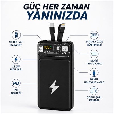 PW210 10.000 mAh Powerbank 22.5W PD Hızlı Şarj Dahili Çoklu Kablolu LED Dijital Ekranlı Taşınabilir Şarj Cihazı Magsafe Powerbank