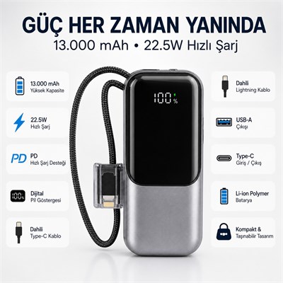 PW592 13000 mAh 22.5W Dijital Göstergeli Dahili Type-C ve Lightning Kablolu Taşınabilir Powerbank Çoklu Çıkışlı Şarj Cihazı