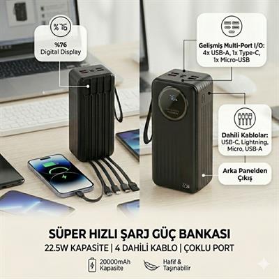 PW650 50000 mAh Powerbank 22.5W Hızlı Şarj Dijital Led Göstergeli Type-C Lightning Micro Usb Çoklu Çıkışlı Ve Girişli Şarj Cihazı 4 Çıkışlı Taşınabilir Powerbank