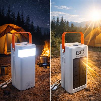 PW780 80000 Mah Solar Powerbank Led Fenerli Taşınabilir Şarj Cihazı Type-C Lightning Kablolu Hızlı Şarj Güneş Enerjili 2 Çıkışlı Çoklu Girişli Işıklı Powerbank