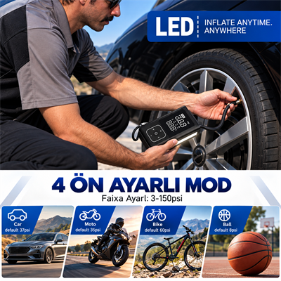 PW9080 5i 1 Arada 10000 mAh Akü Takviye Cihazı 150 PSI Dijital Lastik Şişirme Pompası Taşınabilir Hava Kompresörü Powerbank LED Fener