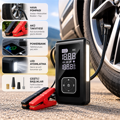 PW9080 5i 1 Arada 10000 mAh Akü Takviye Cihazı 150 PSI Dijital Lastik Şişirme Pompası Taşınabilir Hava Kompresörü Powerbank LED Fener