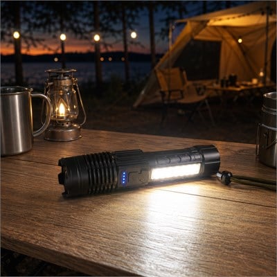 Q-MAX PS-2700 Şarjlı LED El Feneri 2000 Lümen 20W Güçlü Aydınlatma 7 Işık Modlu Ayarlanabilir Zoom Yan LED Type-C Şarjlı Kamp ve Acil Durum Feneri