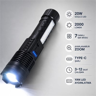 Q-MAX PS-2700 Şarjlı LED El Feneri 2000 Lümen 20W Güçlü Aydınlatma 7 Işık Modlu Ayarlanabilir Zoom Yan LED Type-C Şarjlı Kamp ve Acil Durum Feneri