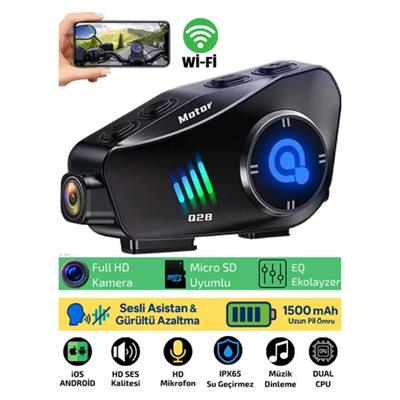 Q28 Wifi Kameralı Interkom Motosiklet Kask Kulaklığı Bluetooth Sd Kart Destekli