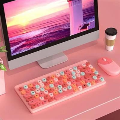 QW02 Pembe Kablosuz Klavye Ve Mouse Seti 86 Tuş Renkli Görünümlü Retro Klavye Fare
