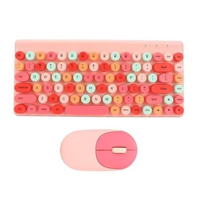 QW02 Pembe Kablosuz Klavye Ve Mouse Seti 86 Tuş Renkli Görünümlü Retro Klavye Fare