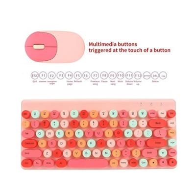 QW02 Pembe Kablosuz Klavye Ve Mouse Seti 86 Tuş Renkli Görünümlü Retro Klavye Fare