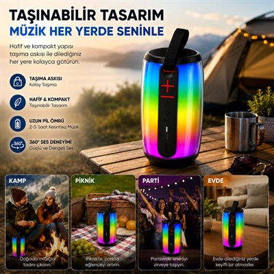 RGB Işıklı Bluetooth Hoparlör 10W Taşınabilir Kablosuz Speaker USB TF Kart AUX Destekli Type-C Şarjlı