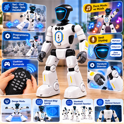 Robix Yürüyen Yapay Zekalı Akıllı Robot Adam Uzaktan Kumandalı Dans Eden Konuşan Programlanabilir Eğitici Oyuncak