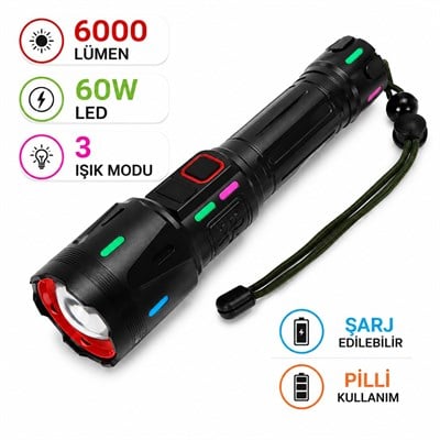 RT-063 B Şarjlı LED El Feneri 6000 Lümen 60W Güçlü Aydınlatma 3 Işık Modlu Pilli Kullanımlı Taşıma Askılı Kamp ve Acil Durum Feneri
