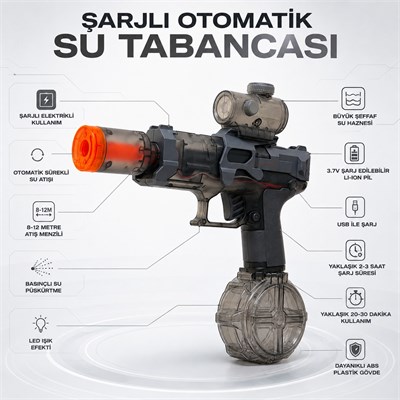 Şarj Edilebilir Elektrikli Su Tabancası Otomatik Basınçlı Su Püskürtme Led Işıklı 8-12 Metre Menzilli Oyuncak Su Tabancası