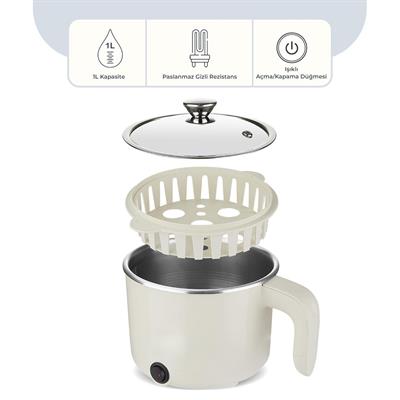 SCO5043 Çok Fonksiyonlu Elektrikli Pişirici 800 ml Buharda Pişirme Çorba Pilav Yumurta Sebze Makarna Pişirme Cam Kapaklı Mini Elektrikli Tencere