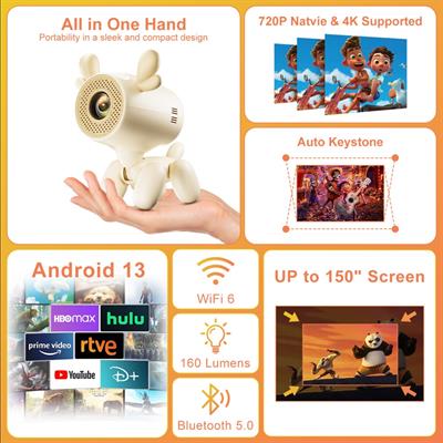 Sevimli Köpek Tasarımlı Mini Akıllı Projektör Android 13 Bluetooth 5.0 Dahili Hoparlör 720P HD 4K Destek Taşınabilir Ev Sinema Projeksiyon Cihazı 