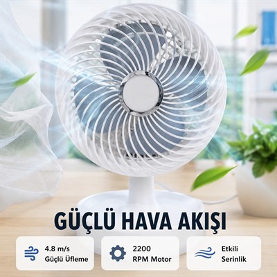 SF7703 Mini Masaüstü Vantilatör 2 Kademeli Hız Ayarlı Sessiz Çalışma 45° Otomatik Salınımlı 2200 RPM Fan Oynar Başlıklı 