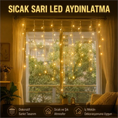 Sıcak Sarı Buz Sarkıt LED Aydınlatma 220V Dekoratif Saçak Perde Işık Pencere Balkon Duvar Yılbaşı Düğün Parti Süsleme Ledi