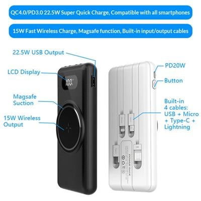 Siyah 10.000 Mah Dijital Göstergeli Hızlı Şarj Destekli Magsafe 4 Çıkışlı Powerbank