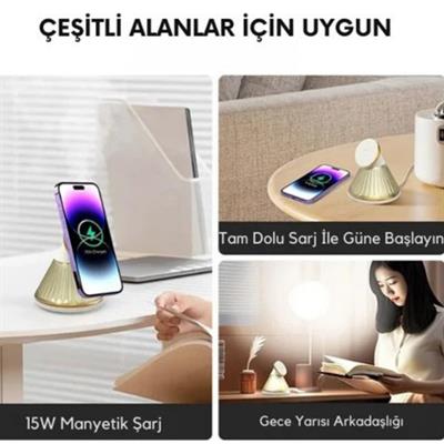 Siyah 15W Manyetik Kablosuz Hızlı Şarj Standı Ve Gece Lambası 