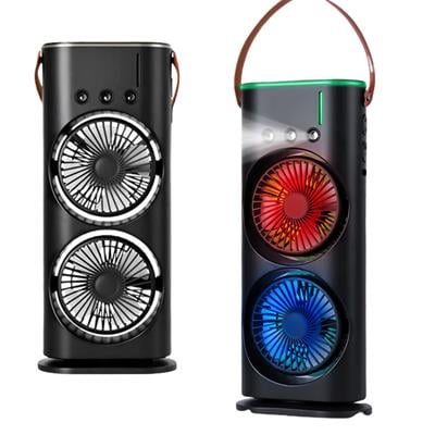 Siyah 5003 Çift Fanlı Sprey Soğutucu Nemlendirici Şarjlı Masaüstü Vantilatör Su Püskürten 2li Rgb Işıklı Oynar Başlıklı Ayarlanabilir Serinletici Fan 