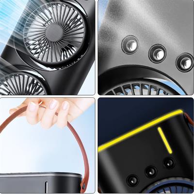 Siyah 5003 Çift Fanlı Sprey Soğutucu Nemlendirici Şarjlı Masaüstü Vantilatör Su Püskürten 2li Rgb Işıklı Oynar Başlıklı Ayarlanabilir Serinletici Fan 