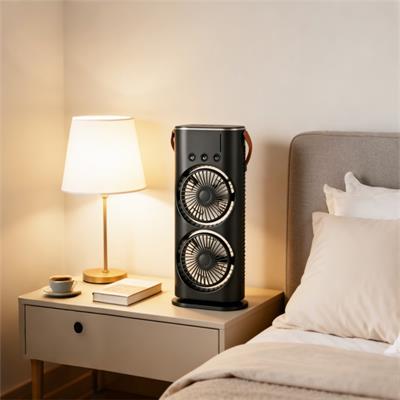 Siyah 5003 Çift Fanlı Sprey Soğutucu Nemlendirici Şarjlı Masaüstü Vantilatör Su Püskürten 2li Rgb Işıklı Oynar Başlıklı Ayarlanabilir Serinletici Fan 