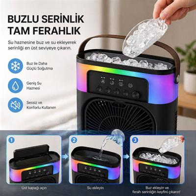 Siyah 5005 Sprey Fan Şarjlı Buharlı Vantilatör Rgb Işıklı Zaman Ayarlı Masaüstü Serinletici Nemlendirici Su Püskürten Soğutucu Fan 
