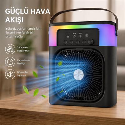 Siyah 5005 Sprey Fan Şarjlı Buharlı Vantilatör Rgb Işıklı Zaman Ayarlı Masaüstü Serinletici Nemlendirici Su Püskürten Soğutucu Fan 