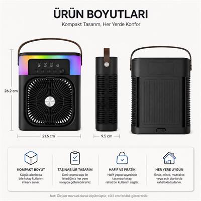Siyah 5005 Sprey Fan Şarjlı Buharlı Vantilatör Rgb Işıklı Zaman Ayarlı Masaüstü Serinletici Nemlendirici Su Püskürten Soğutucu Fan 