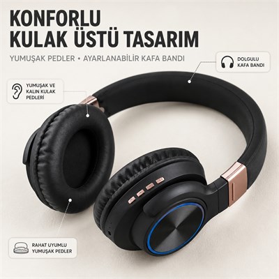 Siyah BT760 Kablosuz Bluetooth 5.0 Kulak Üstü Kulaklık 400 Mah Şarj Edilebilir Mikrofonlu Gürültü Azaltma Özellikli TF Kart ve Aux Destekli Kulaklık