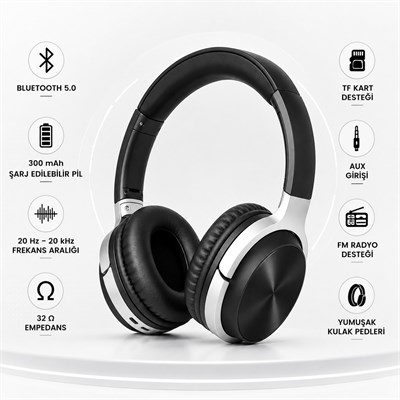 Siyah BT830 Kablosuz Bluetooth 5.0 Kulak Üstü Kulaklık TF Kart Destekli Aux Girişli Şarj Edilebilir Kulaklık