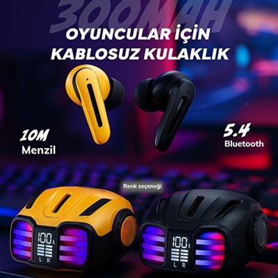 Siyah FB23 Profesyonel Oyuncu Kulaklığı Kablosuz Led Işıklı Dijital Göstergeli Silikon Başlıklı Bluetooth Kulaklık Dokunmatik Kontrollü Şarj Göstergeli Gaming Kulaklık
