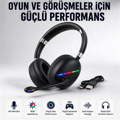 Siyah Max17 RGB Aydınlatmalı Bluetooth 5.0 Kablosuz Kulak Üstü Oyuncu Kulaklığı Mikrofonlu 40 mm Güçlü Ses TF Kart Destekli Type C Şarjlı Gaming Headset