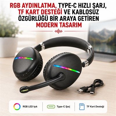 Siyah Max17 RGB Aydınlatmalı Bluetooth 5.0 Kablosuz Kulak Üstü Oyuncu Kulaklığı Mikrofonlu 40 mm Güçlü Ses TF Kart Destekli Type C Şarjlı Gaming Headset