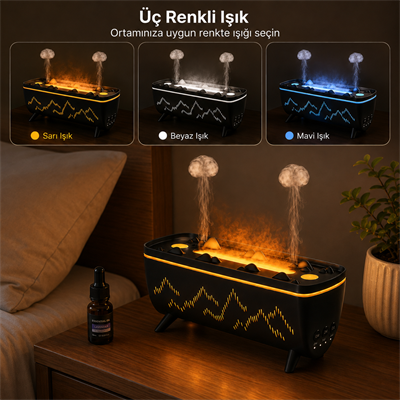 Siyah PDPG-V72 280 ML Alev Efektli Aroma Difüzörü ve Hava Nemlendirici Kablolu 3 Renk LED Işıklı Uzaktan Kumandalı Zaman Ayarlı Dekoratif Buhar Makinesi
