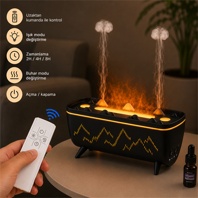 Siyah PDPG-V72 280 ML Alev Efektli Aroma Difüzörü ve Hava Nemlendirici Kablolu 3 Renk LED Işıklı Uzaktan Kumandalı Zaman Ayarlı Dekoratif Buhar Makinesi