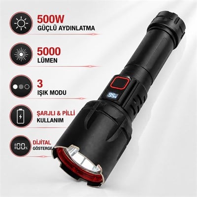 SM-T288 Şarjlı El Feneri 5000 Lümen 500W Güçlü Aydınlatma 3 Işık Modlu Dijital Göstergeli Pilli Kullanımlı Kamp ve Acil Durum Feneri