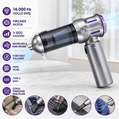 ST-6691Plus Kablosuz El Süpürgesi 16000 Pa Güçlü Emiş Fırçasız Motorlu 3 Kademeli Vakum ve Hava Üflemeli Type-C Şarjlı Araç ve Ev Süpürgesi