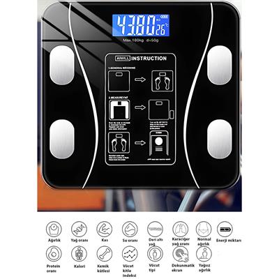 Siyah TF-1072 Dijital Baskül Tartı Bluetoothlu Kilo Yağ Su Ölçüm Cihazı Akıllı Terazi